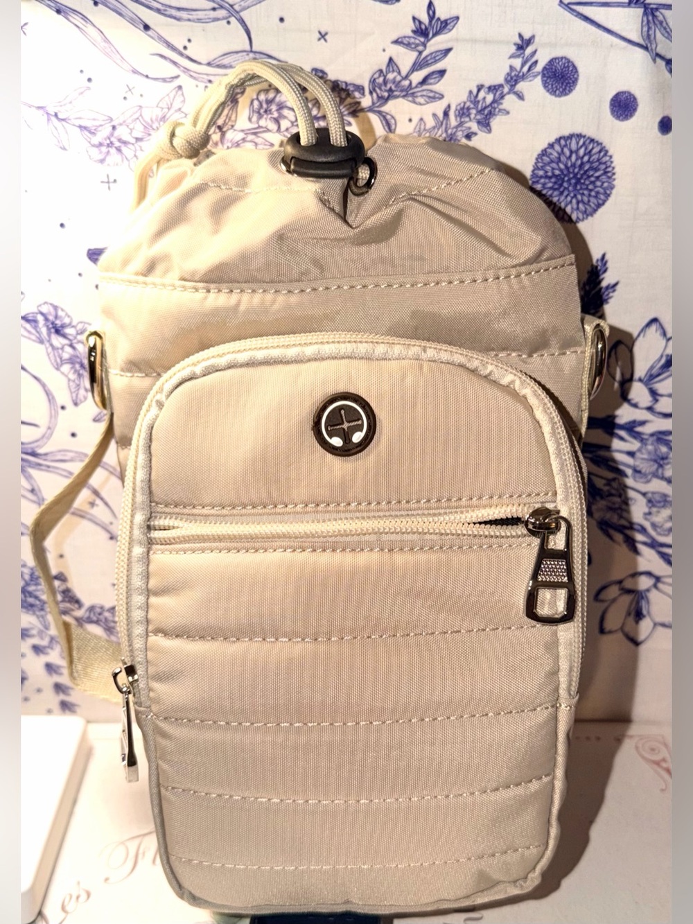 Beige Crossbody Water Bottle bag with Front Zip Pocket